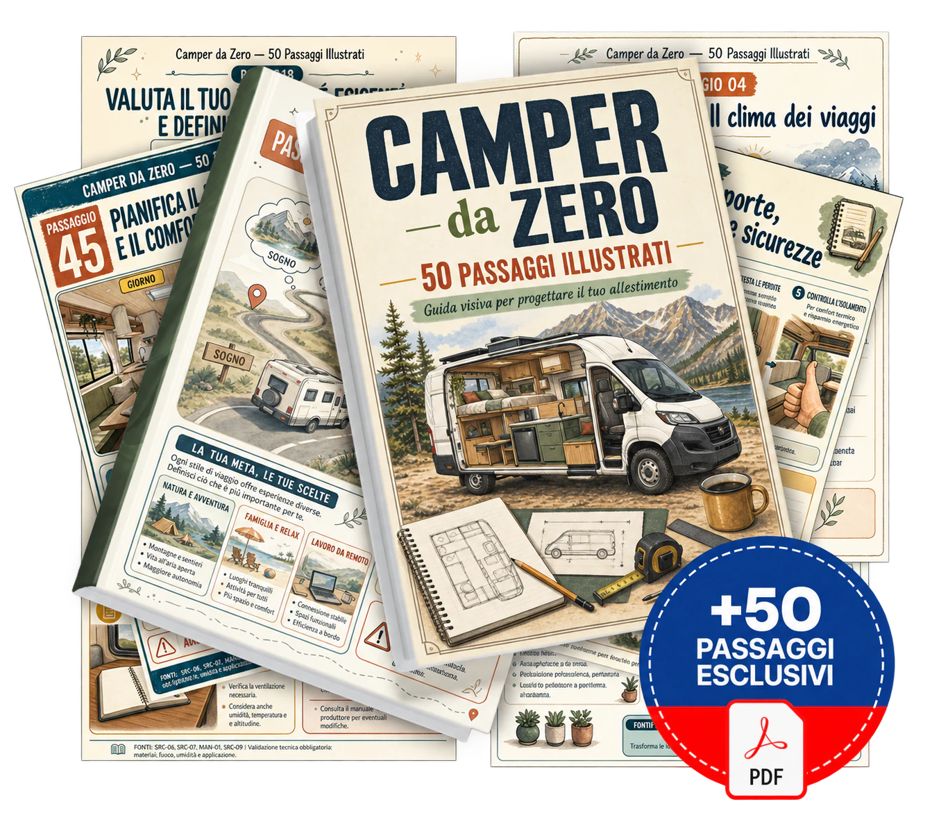 Camper da Zero — 50 Passaggi Illustrati: anteprima della guida e delle pagine illustrate