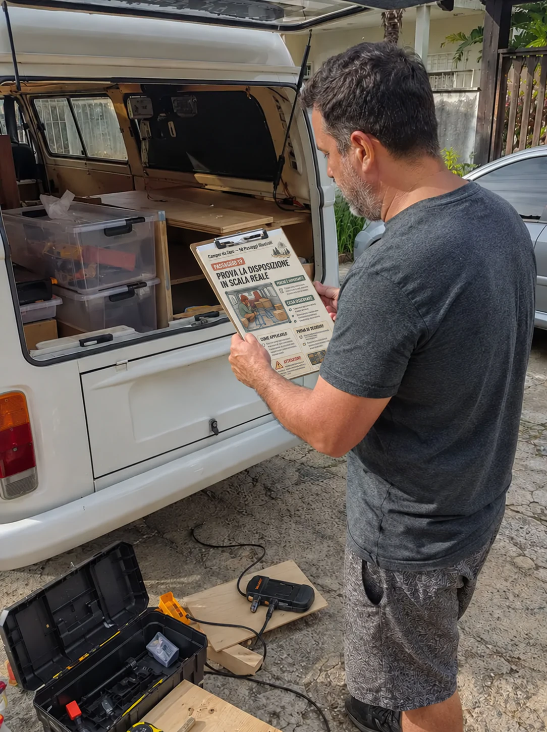 Uomo che consulta la guida accanto a un pulmino Volkswagen